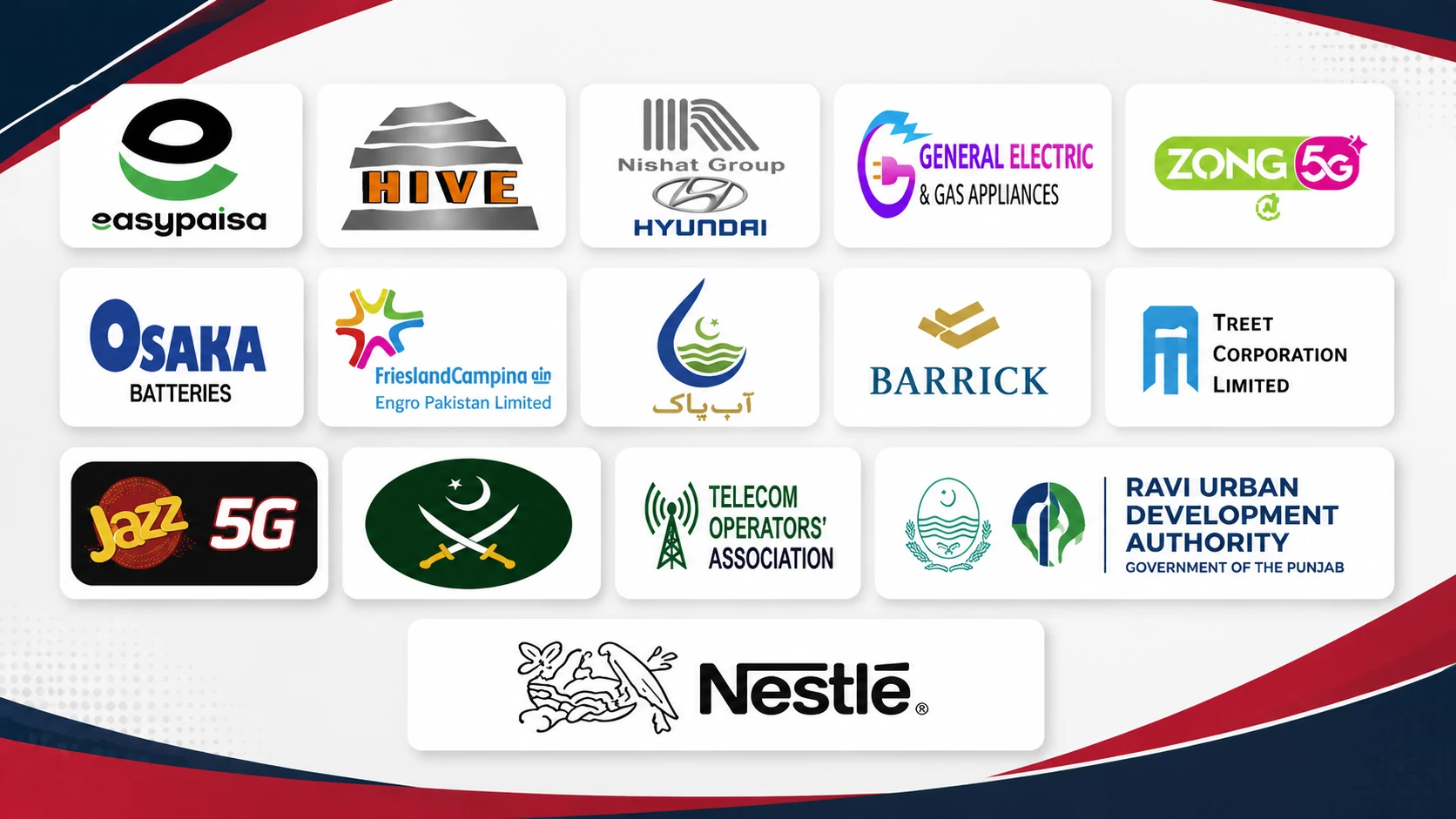 Client logos including Easypaisa, HIVE, Nishat Group, Hyundai, Zong, FrieslandCampina Engro, Barrick, Jazz, Ravi Urban Development Authority and Nestlé